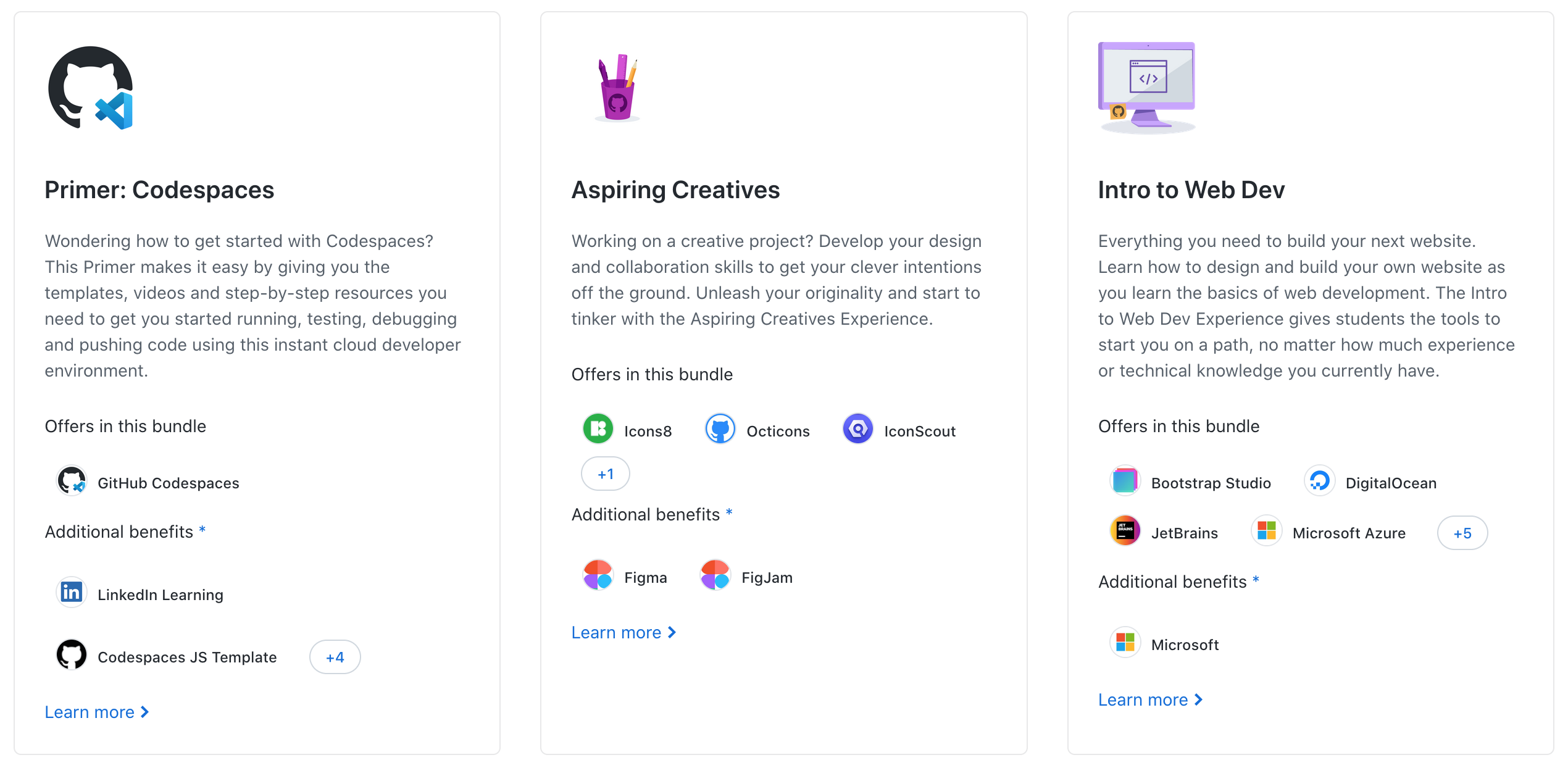 first three packs that's include: GitHub Pro, Creativity tools and Web education platforms